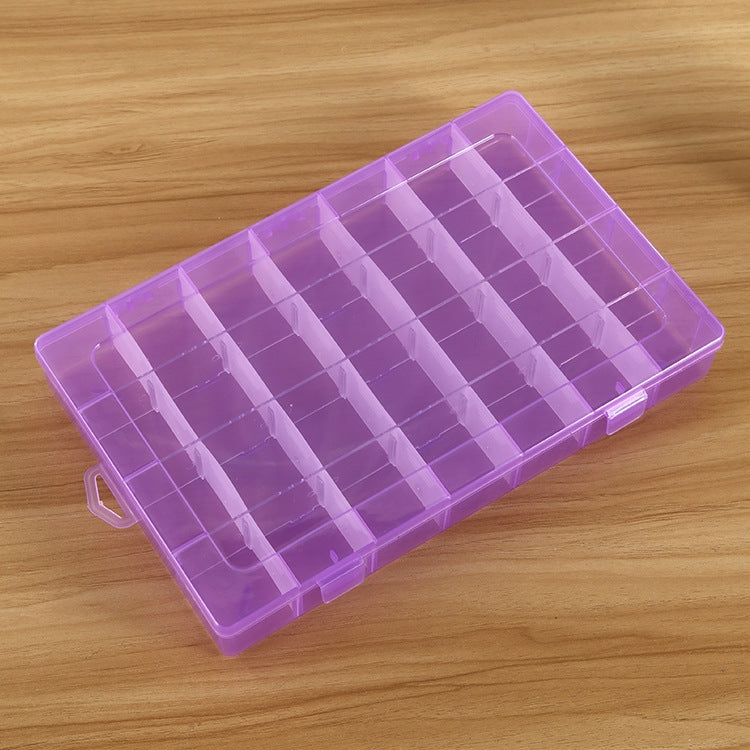 Purple translucent plastic organizer box with removable 28-slot grid compartments