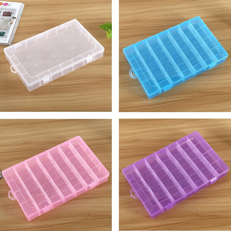 Assorted clear, pink, blue, and purple plastic grid organizer boxes with flip lids