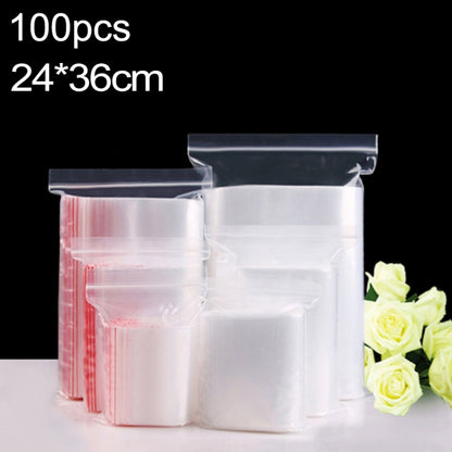 Clear self-sealing zip lock PE packaging bags, 24x36 cm, 100-pack, stacked