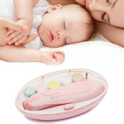 Pink baby electric nail trimmer kit with grinding heads in clear oval case