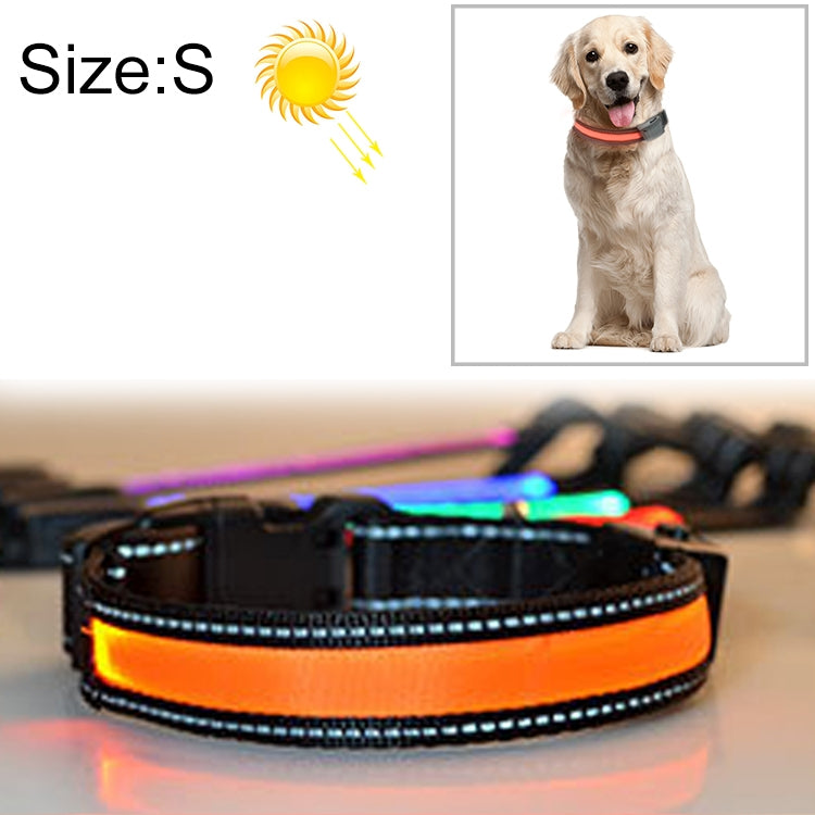 Orange LED dog collar with reflective black strap and solar/USB light module