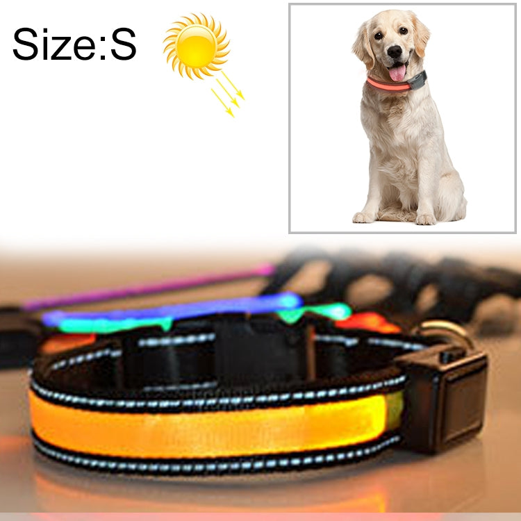 LED dog collar with yellow-orange glowing band on black strap