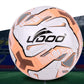 White and orange PU soccer ball with blue accents and stitched panel lines.