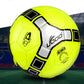 Neon green PU soccer ball with black and white panel shapes and stitched seams.