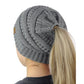 Marled cable-knit ponytail beanie in grey with back opening for a ponytail.