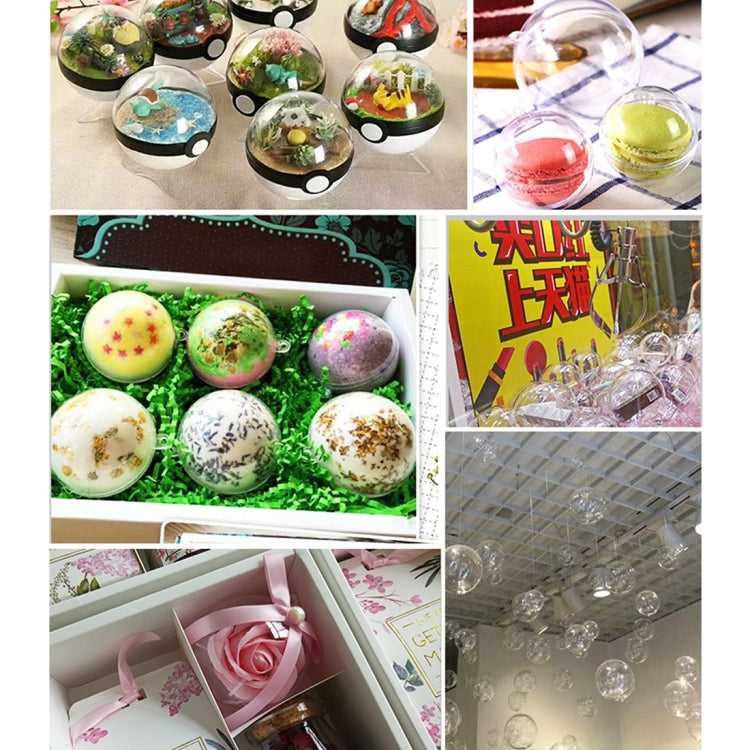 Assorted clear plastic ball ornaments with colorful contents in a boxed display