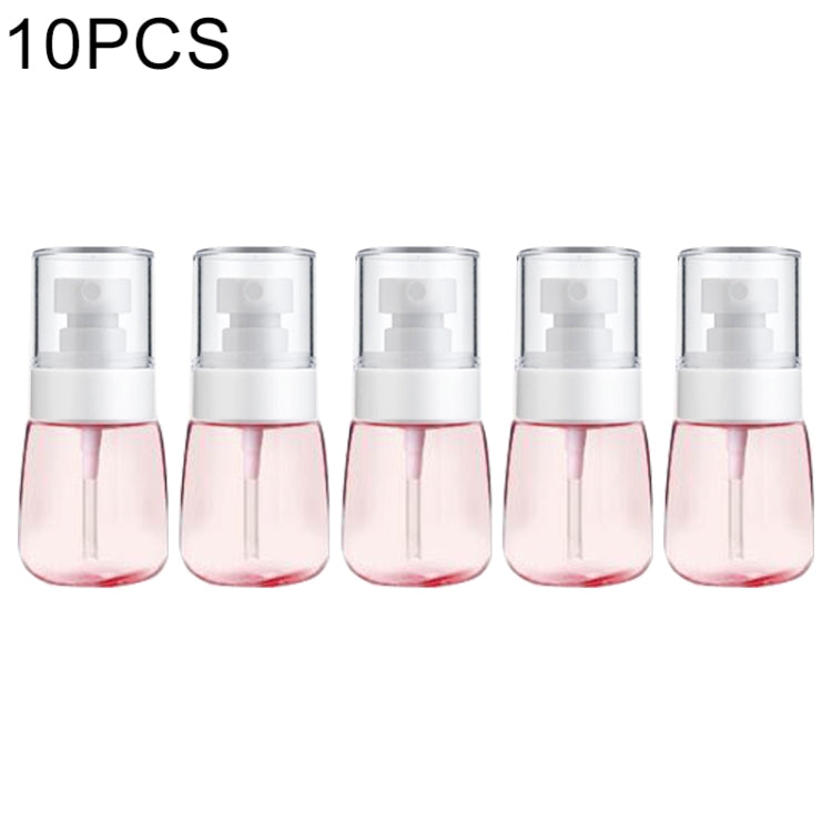 Set of 10 fine-mist spray bottles, transparent plastic with white pump heads and pink liquid