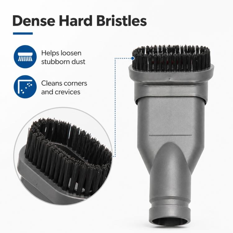 Vacuum brush head with dense hard bristles on a dark gray nozzle