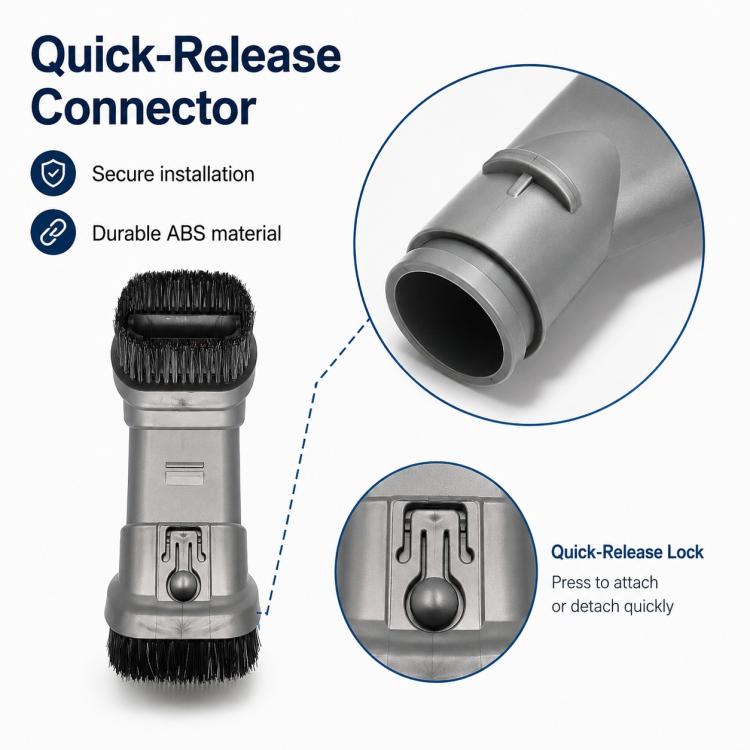 Vacuum brush head with quick-release connector and locking latch details