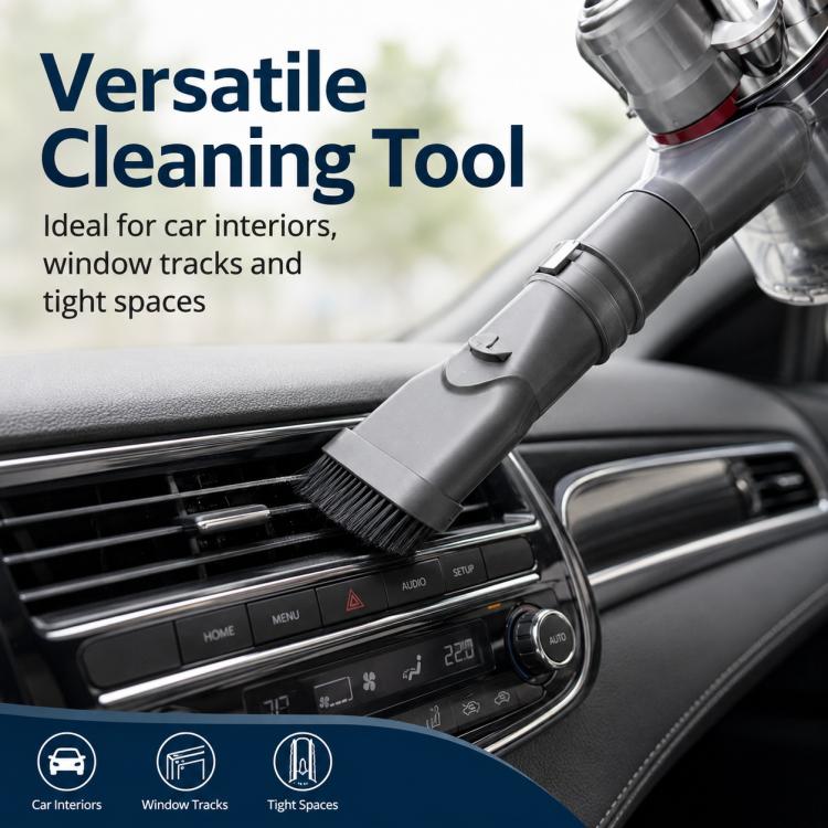 Vacuum brush head accessory with hard bristles on a connected handheld wand