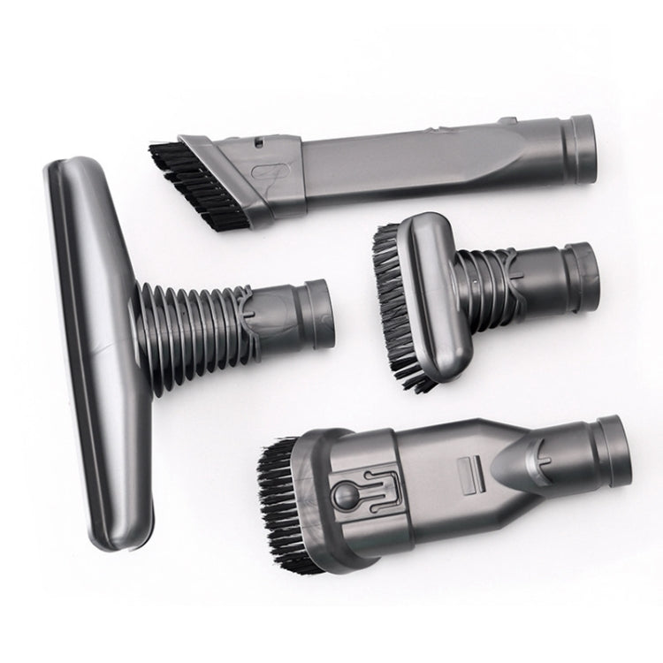 Set of grey vacuum brush attachments with black bristles, shown from multiple angles