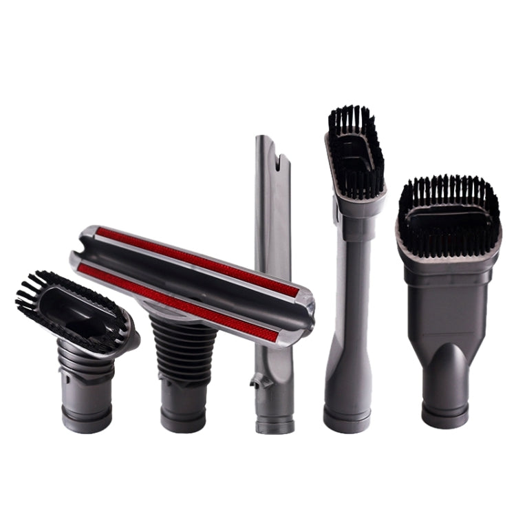 Five-piece vacuum brush head set with gray nozzles and black brush bristles