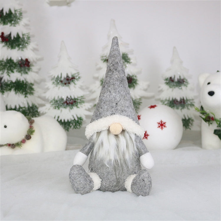 Grey felt gnome window ornament with white fur-trimmed hat and long white beard