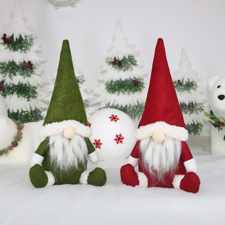 Pair of felt gnome window ornaments: green and red with white fur beards and hats