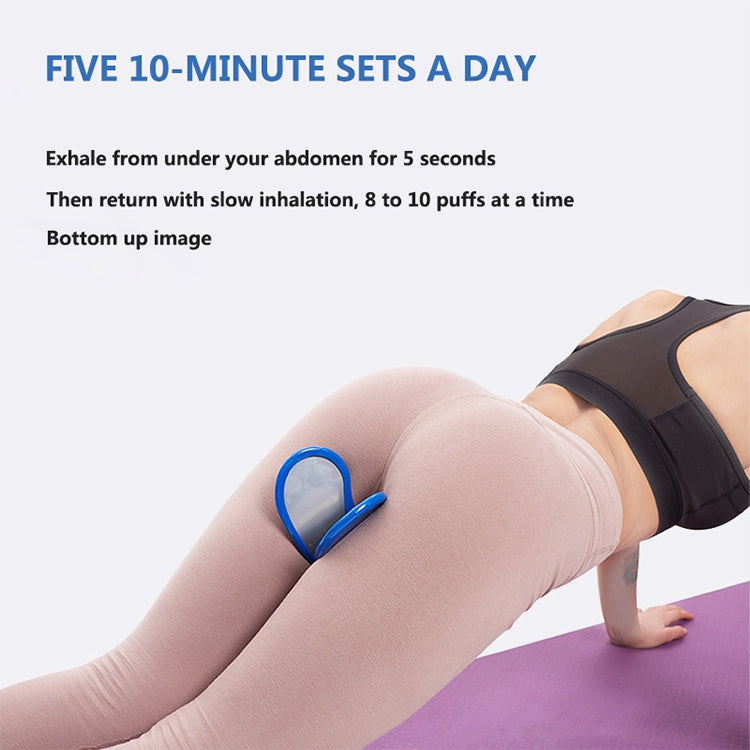 Blue postpartum hip trainer clip on thigh while balancing on hands and feet.