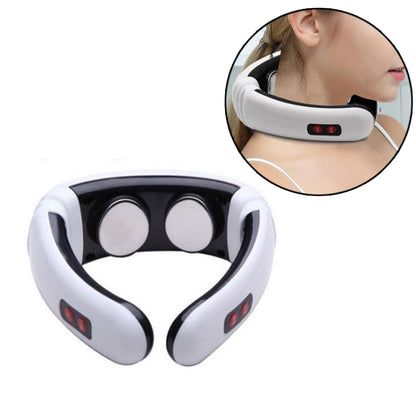 White and black neck massage device with red control lights, worn on the neck