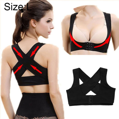 Women’s black cross-back shoulder support bra with X-strap design and front closure.