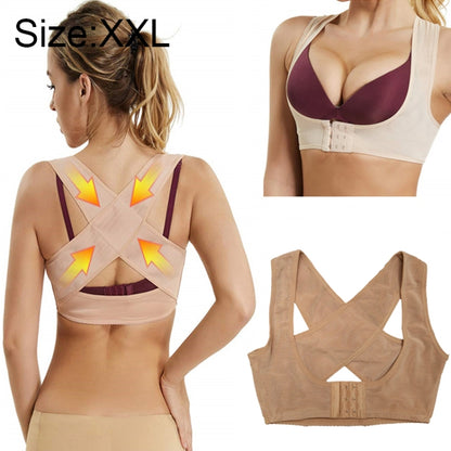 Flesh-toned kyphosis correction shoulder support with crisscross back and front hook closure