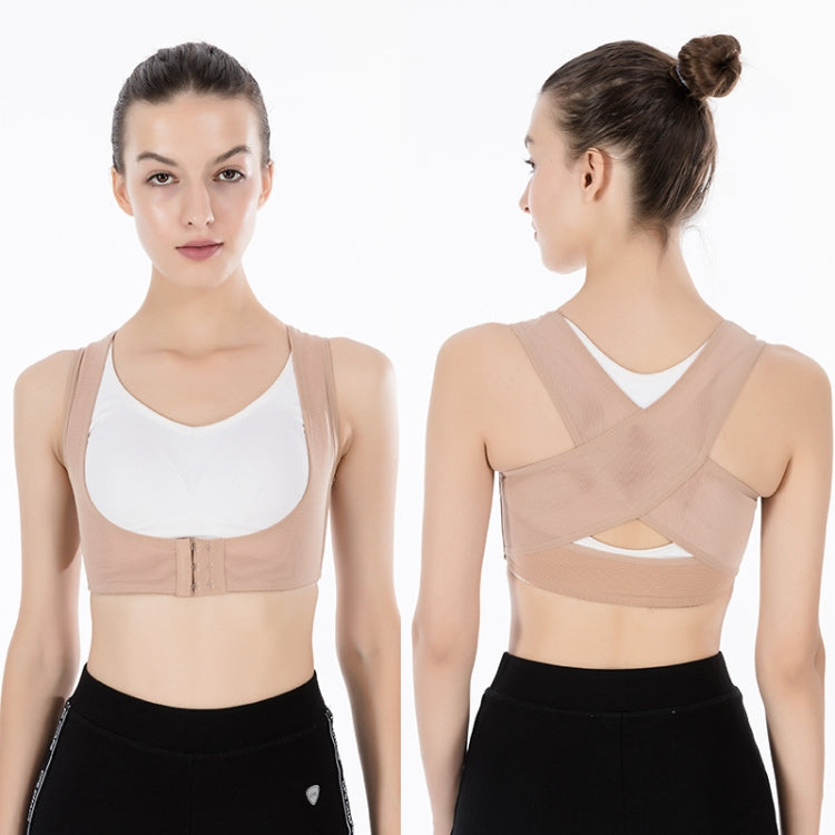 Flesh-tone shoulder support belt on model, V-back straps with front closure