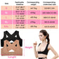 Shoulder support belt size chart showing black and flesh brace height and length