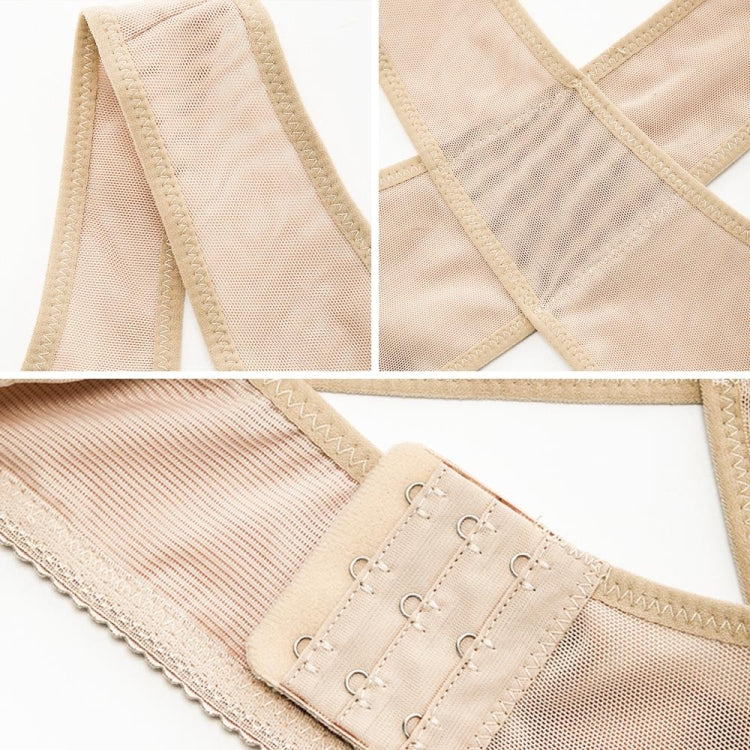 Flesh-tone stretch mesh shoulder support with stitched edges and adjustable hook-and-eye band