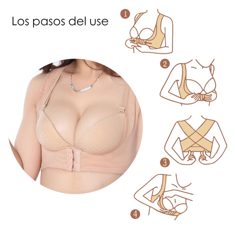 Beige shoulder support bra with front closure and wide straps, shown on model