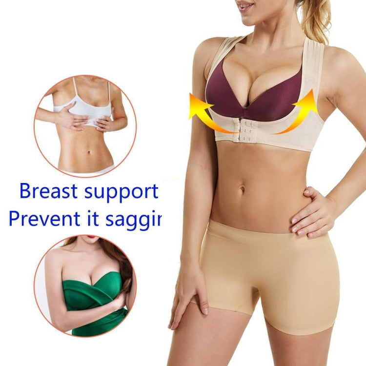 Beige shoulder support bra with wide straps and front hook-and-eye closure, worn by model