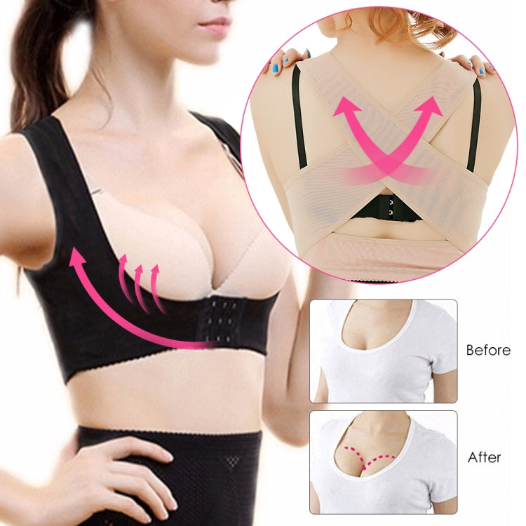 Beige shoulder posture support bra with crossed back straps and adjustable front hook band