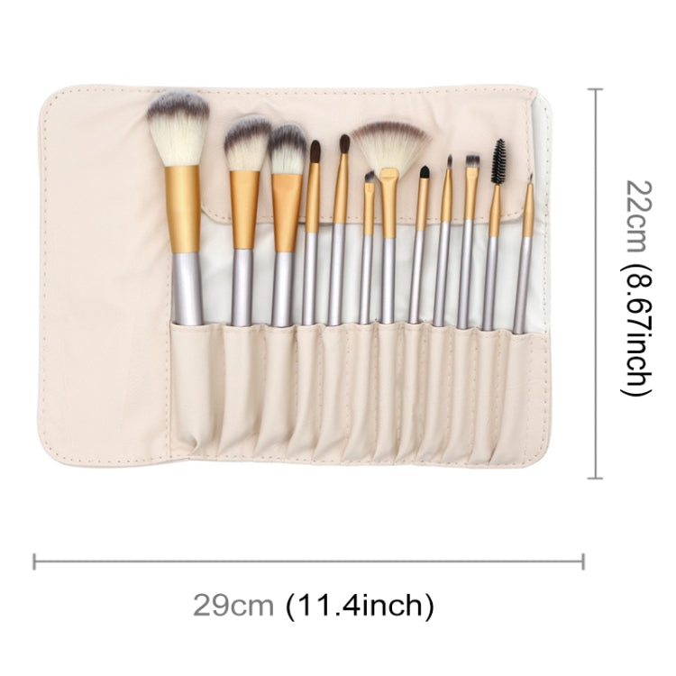 Beige makeup brush pouch kit, 29 x 22 cm, holds multiple silver-and-gold brushes