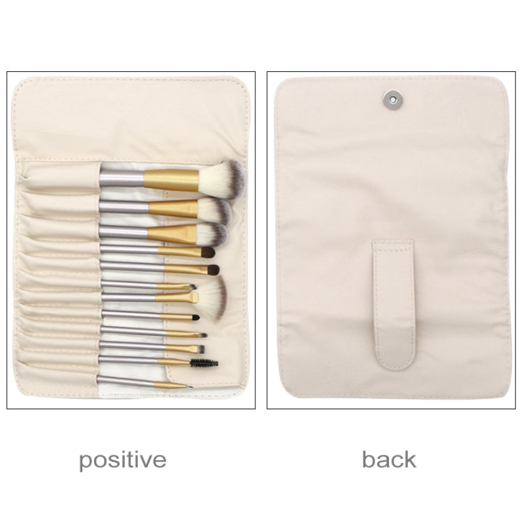 Beige makeup brush pouch front and back views, showing stored brushes