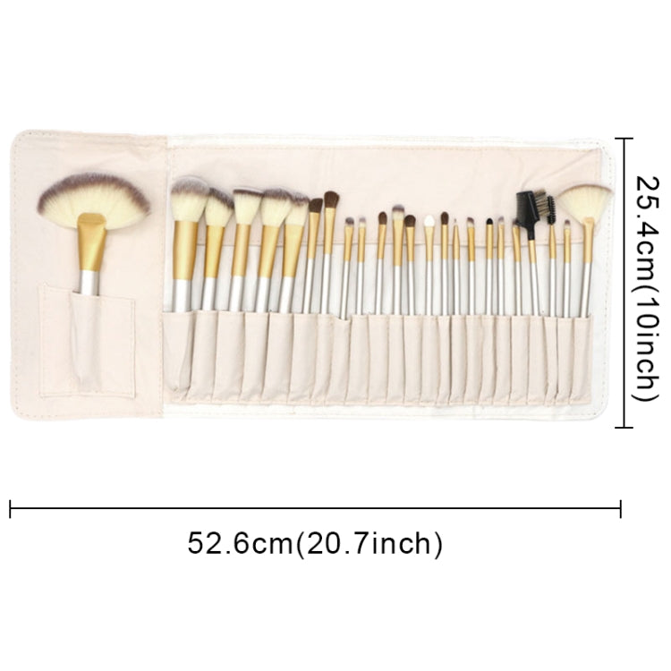 Open beige brush roll pouch with lined slots for multiple brushes and a large powder brush