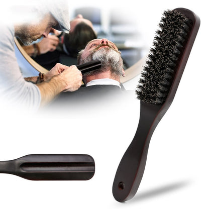Wooden-handled boar bristle beard brush with curved dark handle