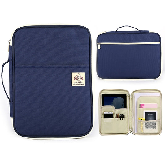 Navy zippered A4 document folder with carrying strap and front pocket