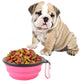 Foldable silicone pet bowl, pink with kibble inside and metal clip handle