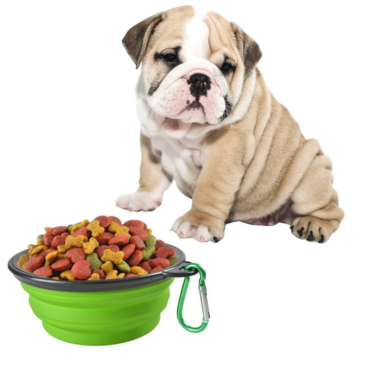 Foldable silicone pet bowl, lime green with kibble inside and green metal clip