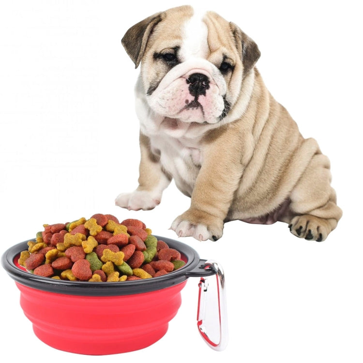 Portable folding silicone pet feeding bowl in red, with metal carabiner clip