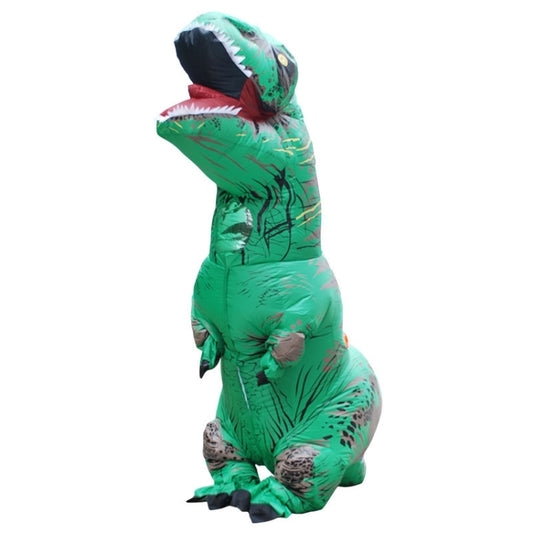 Inflatable green dinosaur adult costume with hood and open mouth design.