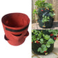 Red non-woven felt strawberry planting bag with black strap and side pocket openings