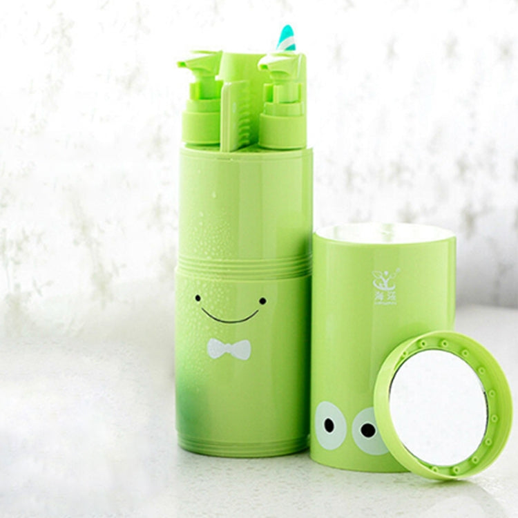 Portable wash cup travel kit in green with stacked bottles and round face mirror