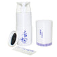 5-in-1 travel wash kit in white with pump bottles, mirror cap, and comb