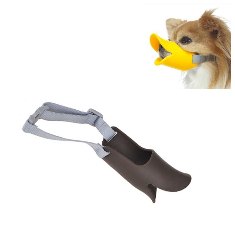 Yellow silicone duck-mouth muzzle with gray adjustable straps for dogs