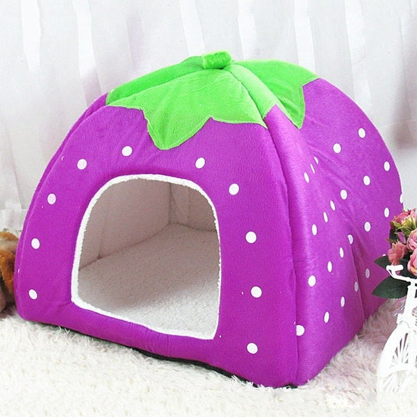 Purple fabric pet play tent with green leaf top and white polka-dot arch opening