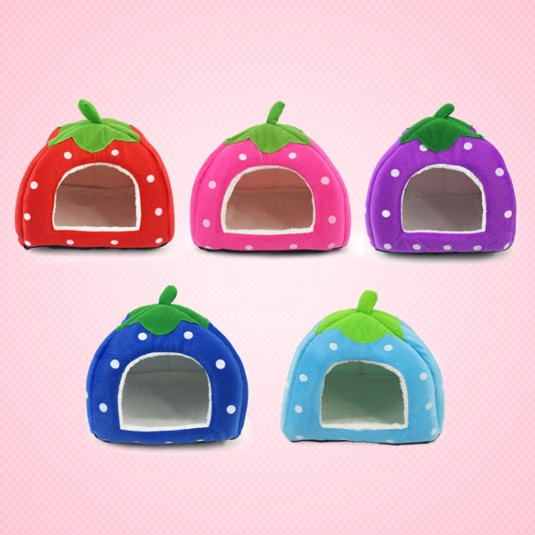 Set of five strawberry-shaped plush pet nests in red, pink, purple, blue, light blue