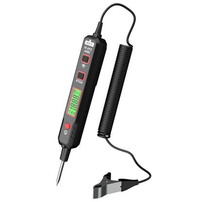 Car circuit test pen with digital display, metal probe, and alligator clip lead