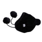 Black plush winter ear-muff hat with round pom-poms and small control panel patch