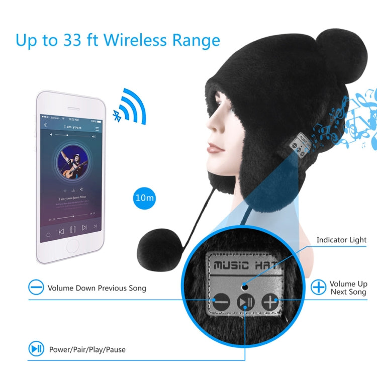 Black plush Bluetooth ear-muff hat with pom-poms, side control panel, and indicator lights