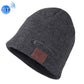 Dark gray knit beanie with brown control patch on front