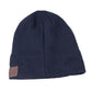Navy blue knit beanie with brown control patch and ribbed fold cuff