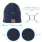 Navy blue knit beanie with brown control patch and textured ribbing detail