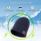 Navy blue knit beanie side view with brown control patch